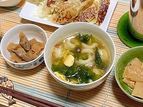 竹ちくわかめで中華っぽいかきたまっぽいスープ